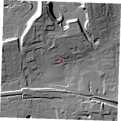 Shaded relief map of the ground around RM175XY, computed from Environment Agency LiDAR. The ground here sits at about 5 m above sea level and falls 18 m across the surrounding 800 m. Surface water reaching this point runs off ground lying to the north-north-east, 14.4 m higher.