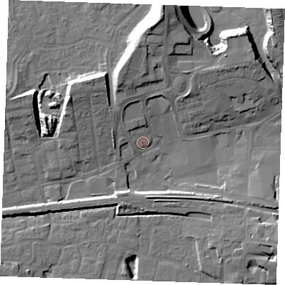 Shaded relief map of the ground around RM175XZ, computed from Environment Agency LiDAR. The ground here sits at about 5 m above sea level and falls 17 m across the surrounding 800 m. Surface water reaching this point runs off ground lying to the north-north-west, 6.8 m higher.