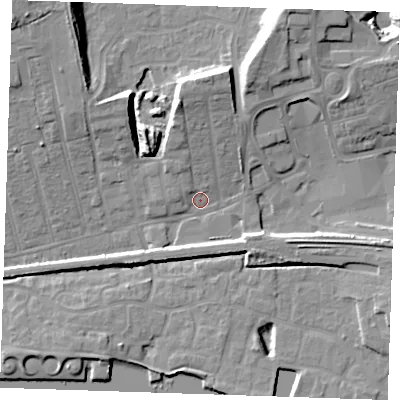 Shaded relief map of the ground around RM175YB, computed from Environment Agency LiDAR. The ground here sits at about 4 m above sea level and falls 15 m across the surrounding 800 m. Surface water reaching this point runs off ground lying to the north-north-west, 9.9 m higher.