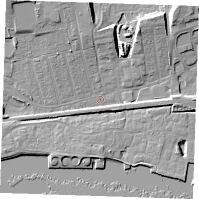 Shaded relief map of the ground around RM175YD, computed from Environment Agency LiDAR. The ground here sits at about 3 m above sea level and falls 14 m across the surrounding 800 m. Surface water reaching this point runs off ground lying to the north, 10.4 m higher.