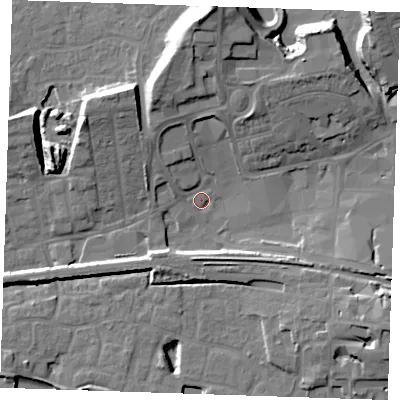 Shaded relief map of the ground around RM175YF, computed from Environment Agency LiDAR. The ground here sits at about 4 m above sea level and falls 17 m across the surrounding 800 m. Surface water reaching this point runs off ground lying to the north, 14.9 m higher.