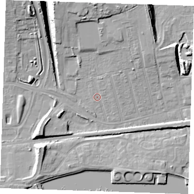 Shaded relief map of the ground around RM175YH, computed from Environment Agency LiDAR. The ground here sits at about 5 m above sea level and falls 20 m across the surrounding 800 m. Surface water reaching this point runs off ground lying to the north-north-east, 3.0 m higher.