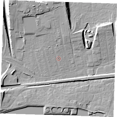Shaded relief map of the ground around RM175YJ, computed from Environment Agency LiDAR. The ground here sits at about 6 m above sea level and falls 18 m across the surrounding 800 m. Surface water reaching this point runs off ground lying to the north-north-west, 4.8 m higher.