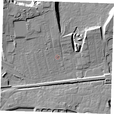 Shaded relief map of the ground around RM175YN, computed from Environment Agency LiDAR. The ground here sits at about 6 m above sea level and falls 20 m across the surrounding 800 m. Surface water reaching this point runs off ground lying to the north, 10.8 m higher.