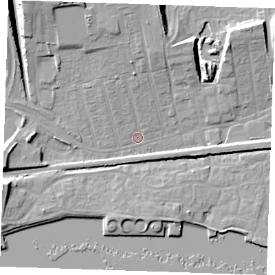 Shaded relief map of the ground around RM175YP, computed from Environment Agency LiDAR. The ground here sits at about 4 m above sea level and falls 14 m across the surrounding 800 m. Surface water reaching this point runs off ground lying to the north-north-west, 13.4 m higher.