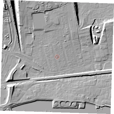 Shaded relief map of the ground around RM175YR, computed from Environment Agency LiDAR. The ground here sits at about 6 m above sea level and falls 20 m across the surrounding 800 m. Surface water reaching this point runs off ground lying to the north-north-west, 12.1 m higher.