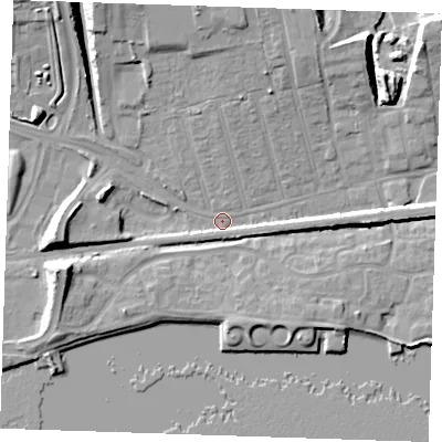 Shaded relief map of the ground around RM175YS, computed from Environment Agency LiDAR. The ground here sits at about 3 m above sea level and falls 12 m across the surrounding 800 m. Surface water reaching this point runs off ground lying to the east, 4.8 m higher.