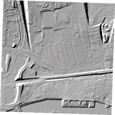 Shaded relief map of the ground around RM175YT, computed from Environment Agency LiDAR. The ground here sits at about 5 m above sea level and falls 20 m across the surrounding 800 m. Surface water reaching this point runs off ground lying to the north, 3.2 m higher.