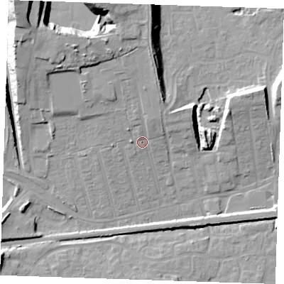 Shaded relief map of the ground around RM175YW, computed from Environment Agency LiDAR. The ground here sits at about 8 m above sea level and falls 23 m across the surrounding 800 m. Surface water reaching this point runs off ground lying to the north, 9.3 m higher.