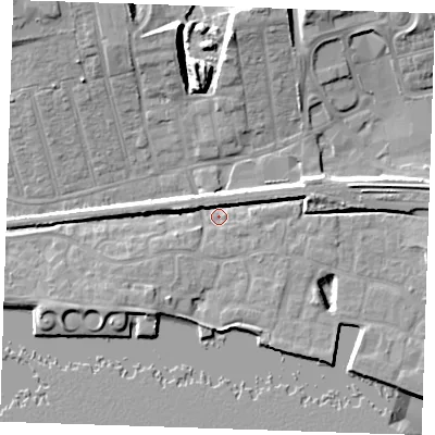 Shaded relief map of the ground around RM175YX, computed from Environment Agency LiDAR. The ground here sits at about 4 m above sea level and falls 14 m across the surrounding 800 m. Surface water reaching this point runs off ground lying to the east-north-east, 5.4 m higher.