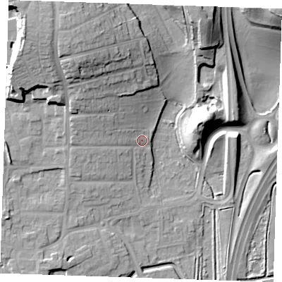 Shaded relief map of the ground around RM176AT, computed from Environment Agency LiDAR. The ground here sits at about 4 m above sea level and falls 25 m across the surrounding 800 m. Surface water reaching this point runs off ground lying to the west-north-west, 8.3 m higher.