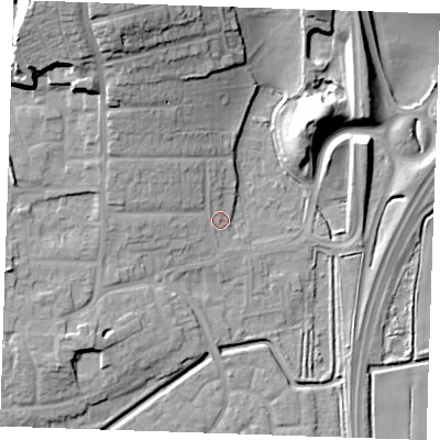 Shaded relief map of the ground around RM176AU, computed from Environment Agency LiDAR. The ground here sits at about 3 m above sea level and falls 23 m across the surrounding 800 m. Surface water reaching this point runs off ground lying to the west-north-west, 6.2 m higher.