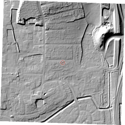 Shaded relief map of the ground around RM176AX, computed from Environment Agency LiDAR. The ground here sits at about 5 m above sea level and falls 23 m across the surrounding 800 m. Surface water reaching this point runs off ground lying to the north-west, 3.6 m higher.
