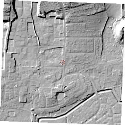 Shaded relief map of the ground around RM176BE, computed from Environment Agency LiDAR. The ground here sits at about 6 m above sea level and falls 27 m across the surrounding 800 m. Surface water reaching this point runs off ground lying to the north-west, 21.5 m higher.
