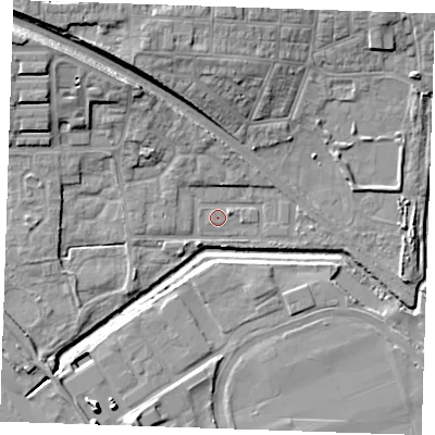 Shaded relief map of the ground around RM176BG, computed from Environment Agency LiDAR. The ground here sits at about 1 m above sea level and falls 13 m across the surrounding 800 m. Surface water reaching this point runs off ground lying to the north-north-west, 8.0 m higher.