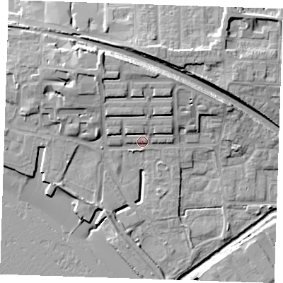 Shaded relief map of the ground around RM176BS, computed from Environment Agency LiDAR. The ground here sits at about 5 m above sea level and falls 16 m across the surrounding 800 m. Surface water reaching this point runs off ground lying to the north-north-east, 4.2 m higher.