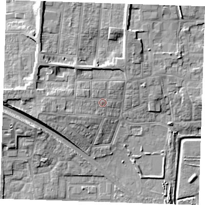 Shaded relief map of the ground around RM176DZ, computed from Environment Agency LiDAR. The ground here sits at about 6 m above sea level and falls 14 m across the surrounding 800 m. Surface water reaching this point runs off ground lying to the west-north-west, 5.0 m higher.