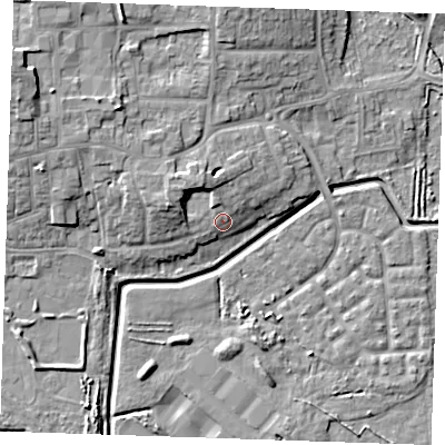 Shaded relief map of the ground around RM176EA, computed from Environment Agency LiDAR. The ground here sits at about 4 m above sea level and falls 12 m across the surrounding 800 m. Surface water reaching this point runs off ground lying to the north-west, 5.1 m higher.