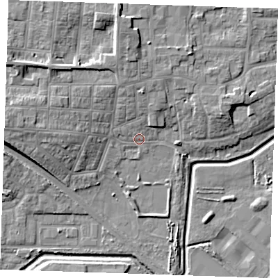 Shaded relief map of the ground around RM176EF, computed from Environment Agency LiDAR. The ground here sits at about 3 m above sea level and falls 13 m across the surrounding 800 m. Surface water reaching this point runs off ground lying to the north, 9.2 m higher.