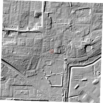 Shaded relief map of the ground around RM176EG, computed from Environment Agency LiDAR. The ground here sits at about 5 m above sea level and falls 14 m across the surrounding 800 m. Surface water reaching this point runs off ground lying to the north, 5.5 m higher.