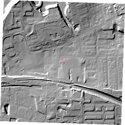 Shaded relief map of the ground around RM176EL, computed from Environment Agency LiDAR. The ground here sits at about 5 m above sea level and falls 17 m across the surrounding 800 m. Surface water reaching this point runs off ground lying to the south, 4.9 m higher.