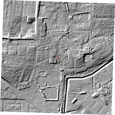 Shaded relief map of the ground around RM176EN, computed from Environment Agency LiDAR. The ground here sits at about 5 m above sea level and falls 14 m across the surrounding 800 m. Surface water reaching this point runs off ground lying to the north-north-east, 5.3 m higher.