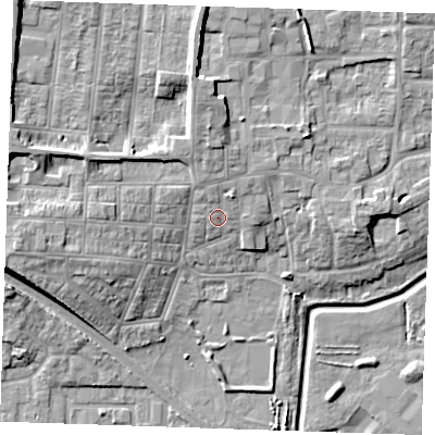 Shaded relief map of the ground around RM176EQ, computed from Environment Agency LiDAR. The ground here sits at about 6 m above sea level and falls 14 m across the surrounding 800 m. Surface water reaching this point runs off ground lying to the north-west, 8.0 m higher.
