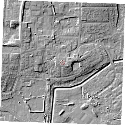 Shaded relief map of the ground around RM176ET, computed from Environment Agency LiDAR. The ground here sits at about 7 m above sea level and falls 14 m across the surrounding 800 m. Surface water reaching this point runs off ground lying to the south-east, 1.5 m higher.