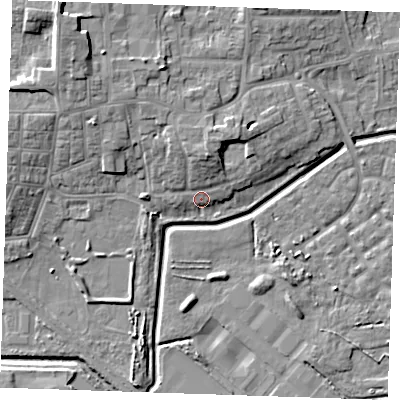 Shaded relief map of the ground around RM176EU, computed from Environment Agency LiDAR. The ground here sits at about 3 m above sea level and falls 13 m across the surrounding 800 m. Surface water reaching this point runs off ground lying to the north-north-west, 9.2 m higher.