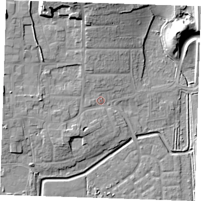 Shaded relief map of the ground around RM176EY, computed from Environment Agency LiDAR. The ground here sits at about 4 m above sea level and falls 19 m across the surrounding 800 m. Surface water reaching this point runs off ground lying to the north-north-west, 14.8 m higher.