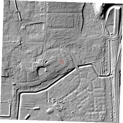 Shaded relief map of the ground around RM176EZ, computed from Environment Agency LiDAR. The ground here sits at about 4 m above sea level and falls 17 m across the surrounding 800 m. Surface water reaching this point runs off ground lying to the west-north-west, 1.7 m higher.