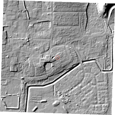 Shaded relief map of the ground around RM176FL, computed from Environment Agency LiDAR. The ground here sits at about 6 m above sea level and falls 16 m across the surrounding 800 m. Surface water reaching this point runs off ground lying to the west-south-west, 1.2 m higher.