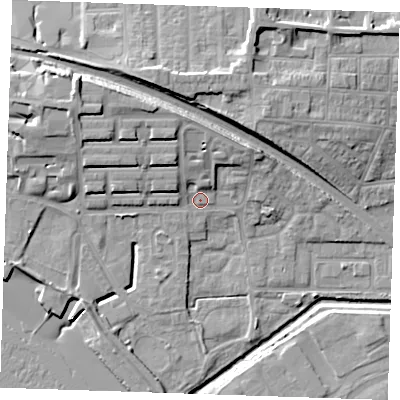 Shaded relief map of the ground around RM176FQ, computed from Environment Agency LiDAR. The ground here sits at about 4 m above sea level and falls 16 m across the surrounding 800 m. Surface water reaching this point runs off ground lying to the north-north-west, 8.6 m higher.
