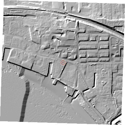 Shaded relief map of the ground around RM176FY, computed from Environment Agency LiDAR. The ground here sits at about 4 m above sea level and falls 16 m across the surrounding 800 m. Surface water reaching this point runs off ground lying to the north-north-east, 6.8 m higher.