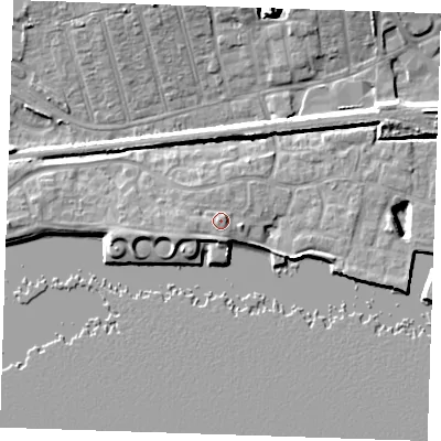 Shaded relief map of the ground around RM176GT, computed from Environment Agency LiDAR. The ground here sits at about 7 m above sea level and falls 12 m across the surrounding 800 m. Surface water reaching this point runs off ground lying to the west-south-west, 1.9 m higher.