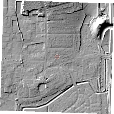 Shaded relief map of the ground around RM176HB, computed from Environment Agency LiDAR. The ground here sits at about 5 m above sea level and falls 21 m across the surrounding 800 m. Surface water reaching this point runs off ground lying to the north-north-west, 2.5 m higher.
