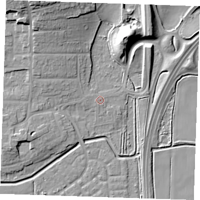 Shaded relief map of the ground around RM176HD, computed from Environment Agency LiDAR. The ground here sits at about 2 m above sea level and falls 20 m across the surrounding 800 m. Surface water reaching this point runs off ground lying to the west, 1.0 m higher.
