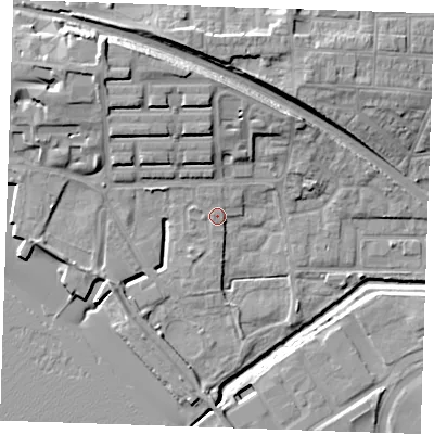 Shaded relief map of the ground around RM176HE, computed from Environment Agency LiDAR. The ground here sits at about 3 m above sea level and falls 16 m across the surrounding 800 m. Surface water reaching this point runs off ground lying to the west-north-west, 0.9 m higher.
