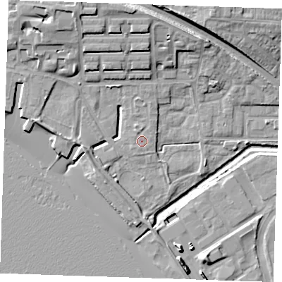 Shaded relief map of the ground around RM176HF, computed from Environment Agency LiDAR. The ground here sits at about 3 m above sea level and falls 14 m across the surrounding 800 m. The ground contributing surface water to this point lies to the north-east.