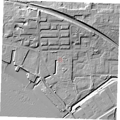 Shaded relief map of the ground around RM176HG, computed from Environment Agency LiDAR. The ground here sits at about 3 m above sea level and falls 16 m across the surrounding 800 m. Surface water reaching this point runs off ground lying to the north-north-west, 13.3 m higher.