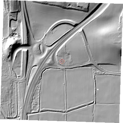 Shaded relief map of the ground around RM176HH, computed from Environment Agency LiDAR. The ground here sits at about 2 m above sea level and falls 25 m across the surrounding 800 m. Surface water reaching this point runs off ground lying to the east-north-east, 21.7 m higher.
