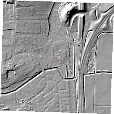 Shaded relief map of the ground around RM176HP, computed from Environment Agency LiDAR. The ground here sits at about 1 m above sea level and falls 19 m across the surrounding 800 m. Surface water reaching this point runs off ground lying to the north-north-west, 1.6 m higher.