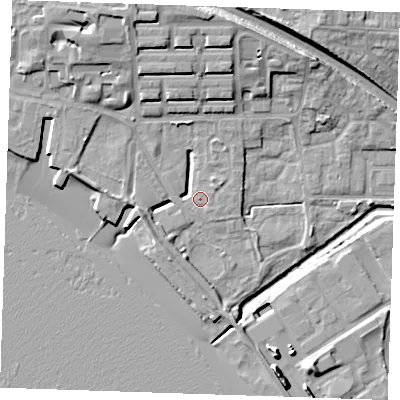 Shaded relief map of the ground around RM176HQ, computed from Environment Agency LiDAR. The ground here sits at about 3 m above sea level and falls 14 m across the surrounding 800 m. Surface water reaching this point runs off ground lying to the north-north-west, 13.1 m higher.
