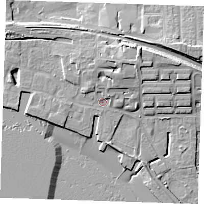 Shaded relief map of the ground around RM176HR, computed from Environment Agency LiDAR. The ground here sits at about 5 m above sea level and falls 15 m across the surrounding 800 m. Surface water reaching this point runs off ground lying to the north-north-east, 4.0 m higher.