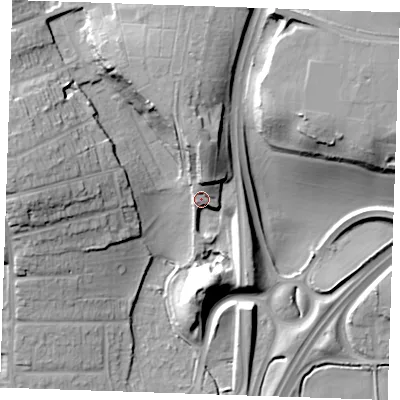 Shaded relief map of the ground around RM176HW, computed from Environment Agency LiDAR. The ground here sits at about 8 m above sea level and falls 28 m across the surrounding 800 m. Surface water reaching this point runs off ground lying to the north-north-east, 16.2 m higher.