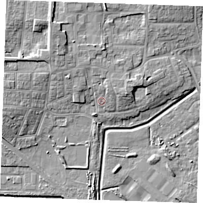 Shaded relief map of the ground around RM176JA, computed from Environment Agency LiDAR. The ground here sits at about 4 m above sea level and falls 14 m across the surrounding 800 m. Surface water reaching this point runs off ground lying to the north, 3.7 m higher.
