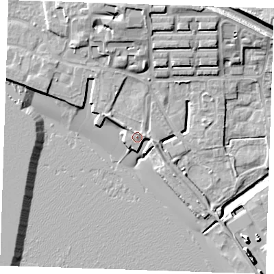 Shaded relief map of the ground around RM176JF, computed from Environment Agency LiDAR. The ground here sits at about 5 m above sea level and falls 14 m across the surrounding 800 m. Surface water reaching this point runs off ground lying to the north-north-east, 3.3 m higher.