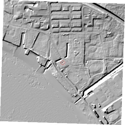 Shaded relief map of the ground around RM176JP, computed from Environment Agency LiDAR. The ground here sits at about 3 m above sea level and falls 13 m across the surrounding 800 m. Surface water reaching this point runs off ground lying to the north-north-west, 12.8 m higher.
