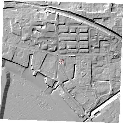 Shaded relief map of the ground around RM176JT, computed from Environment Agency LiDAR. The ground here sits at about 3 m above sea level and falls 16 m across the surrounding 800 m. Surface water reaching this point runs off ground lying to the north, 9.8 m higher.