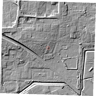 Shaded relief map of the ground around RM176JX, computed from Environment Agency LiDAR. The ground here sits at about 6 m above sea level and falls 12 m across the surrounding 800 m. Surface water reaching this point runs off ground lying to the north-west, 3.2 m higher.